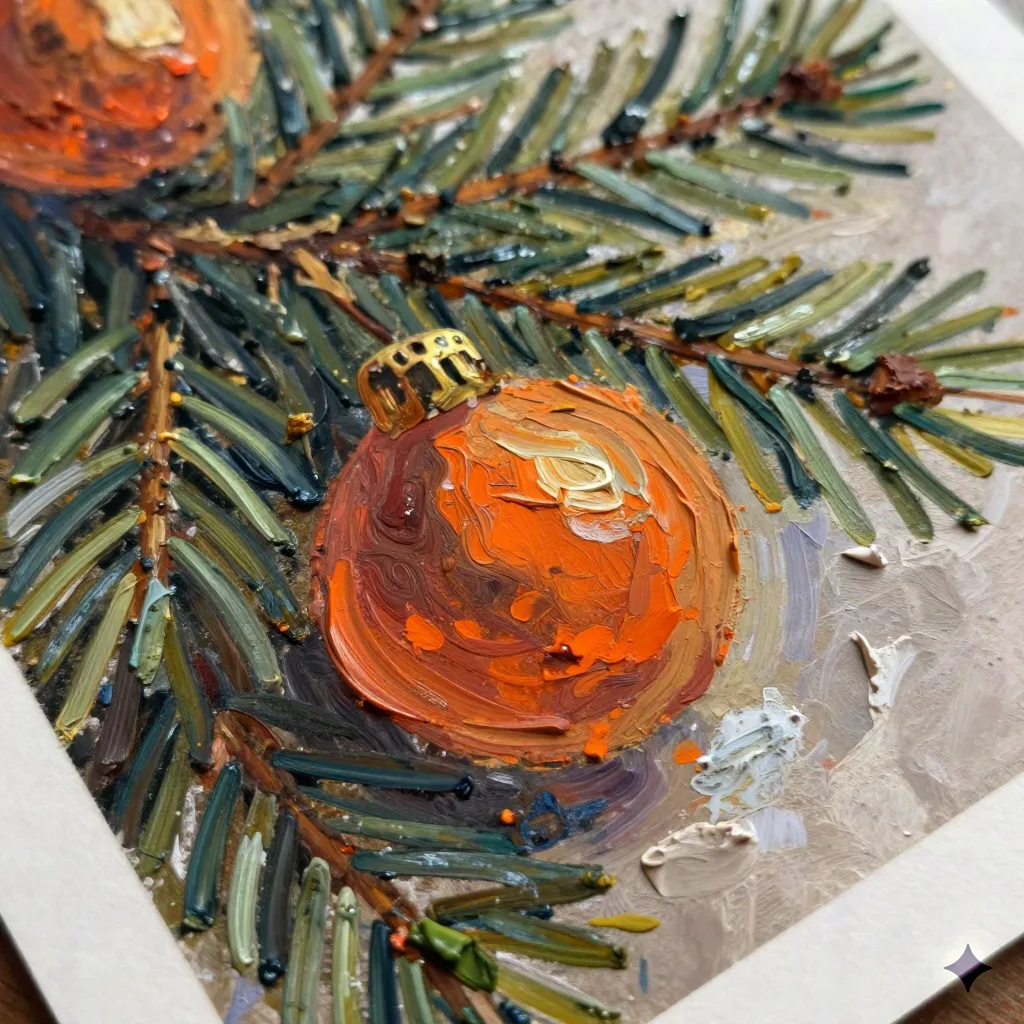 Close-up of AI oil painting Christmas card showing impasto brushstroke texture on thick 300gsm paper