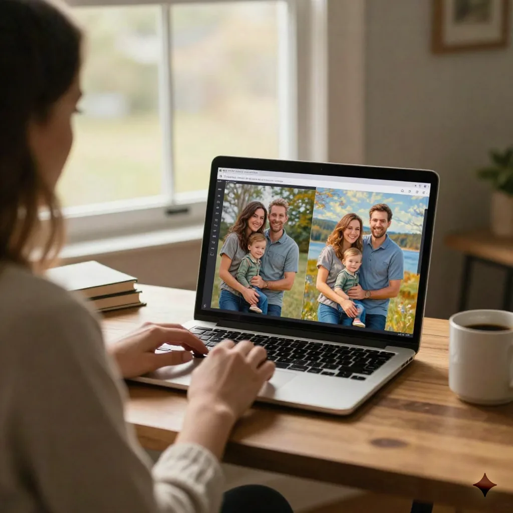Person comparing original family photo with AI oil painting rendered result on laptop screen