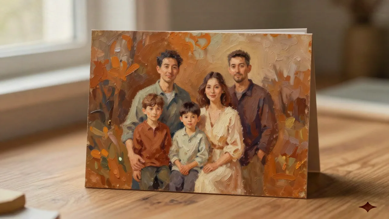 Family portrait card rendered in classic AI oil painting style with warm impasto brushstrokes, placed on wooden desk with natural light