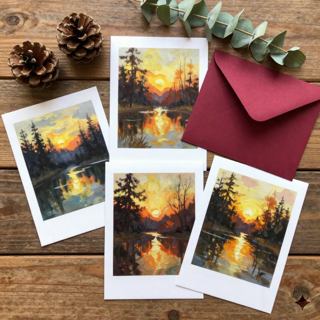 Flat lay of several printed oil painting holiday cards on rustic wooden surface with pine cones