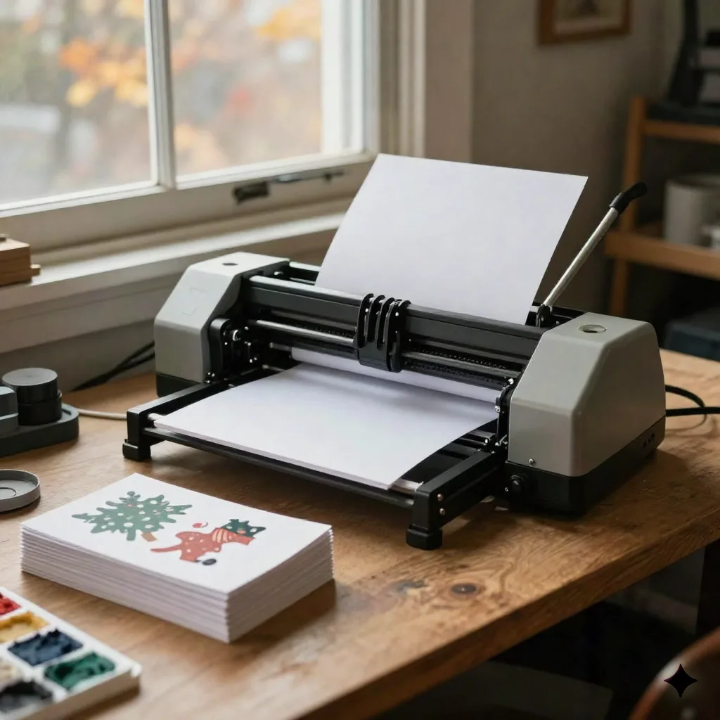 Ein Tischdrucker produziert einen Stapel fertiggestellter Weihnachtskarten in einem Studio in Portland, Maine