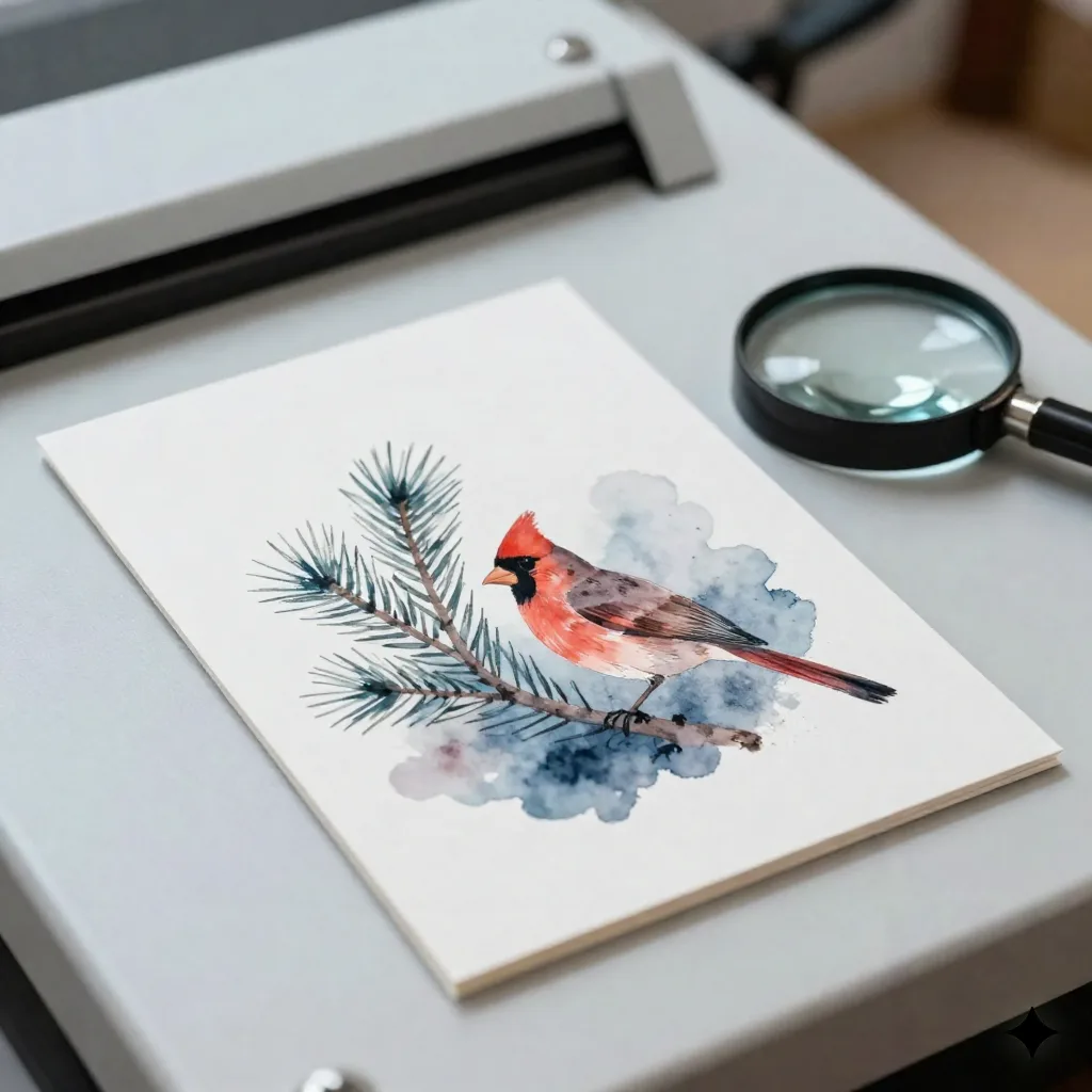 Bedruckte Weihnachtskarte auf dem Leuchtpult mit Aquarellstil Tannenzweig und Kardinal-Motiv