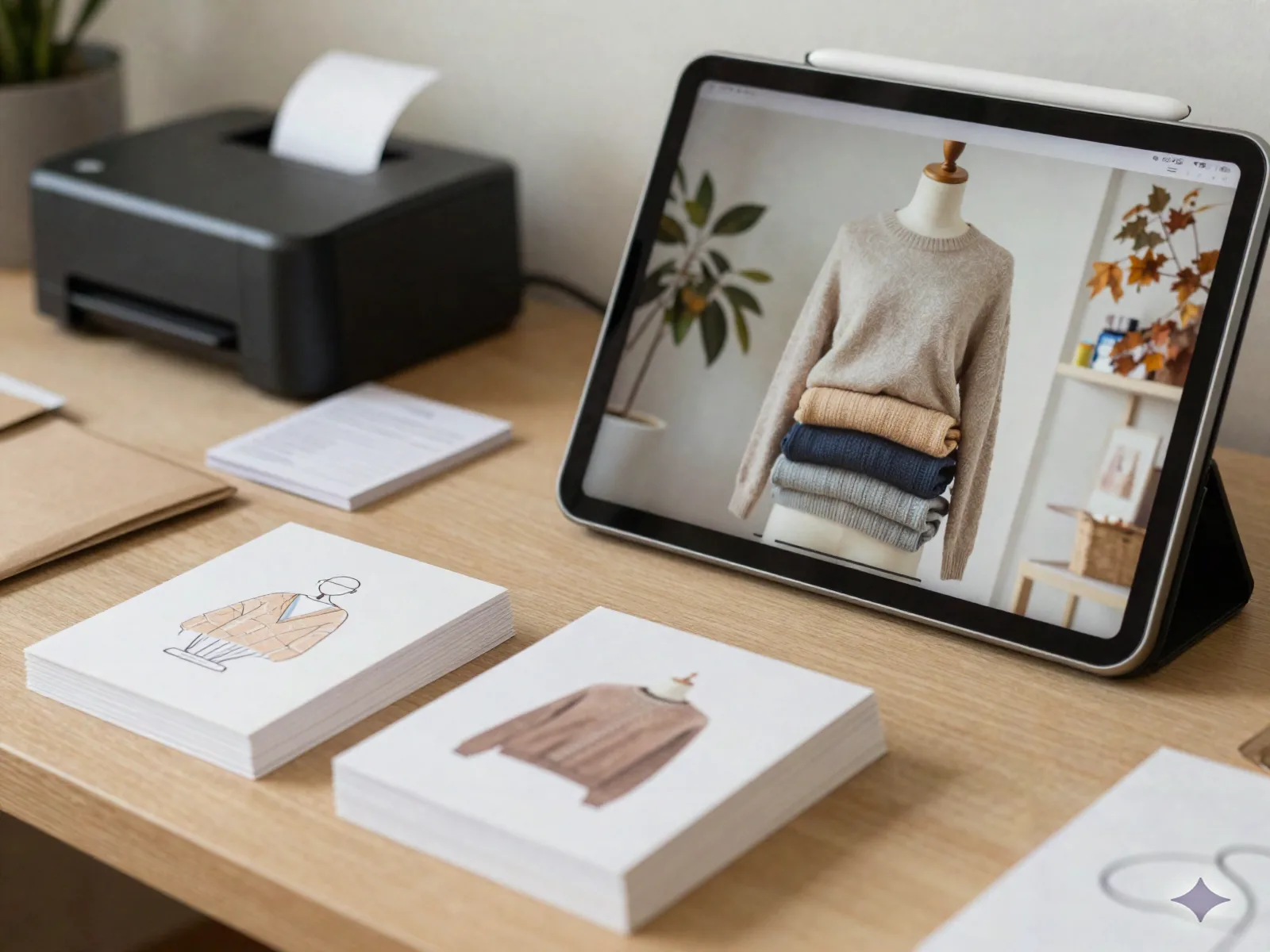 Indie stationery studio desk with tablet showing consistent AI product photos of knitwear