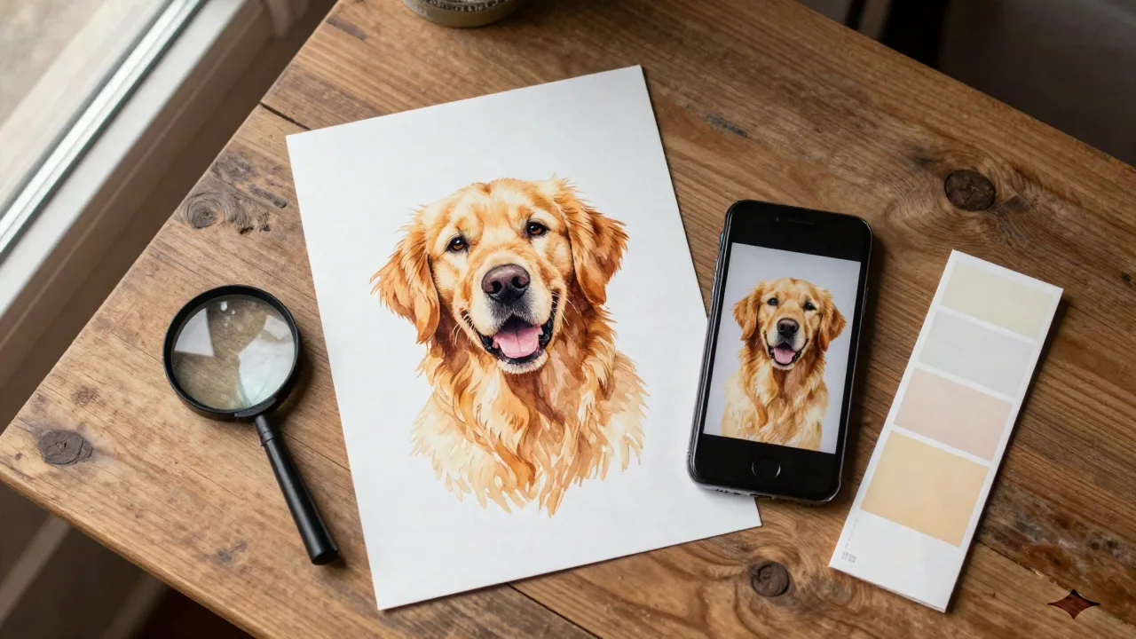 Cartolina di Natale ad acquerello stampata con il ritratto dipinto di un animale accanto alla foto originale dal cellulare, su un tavolo da stampa