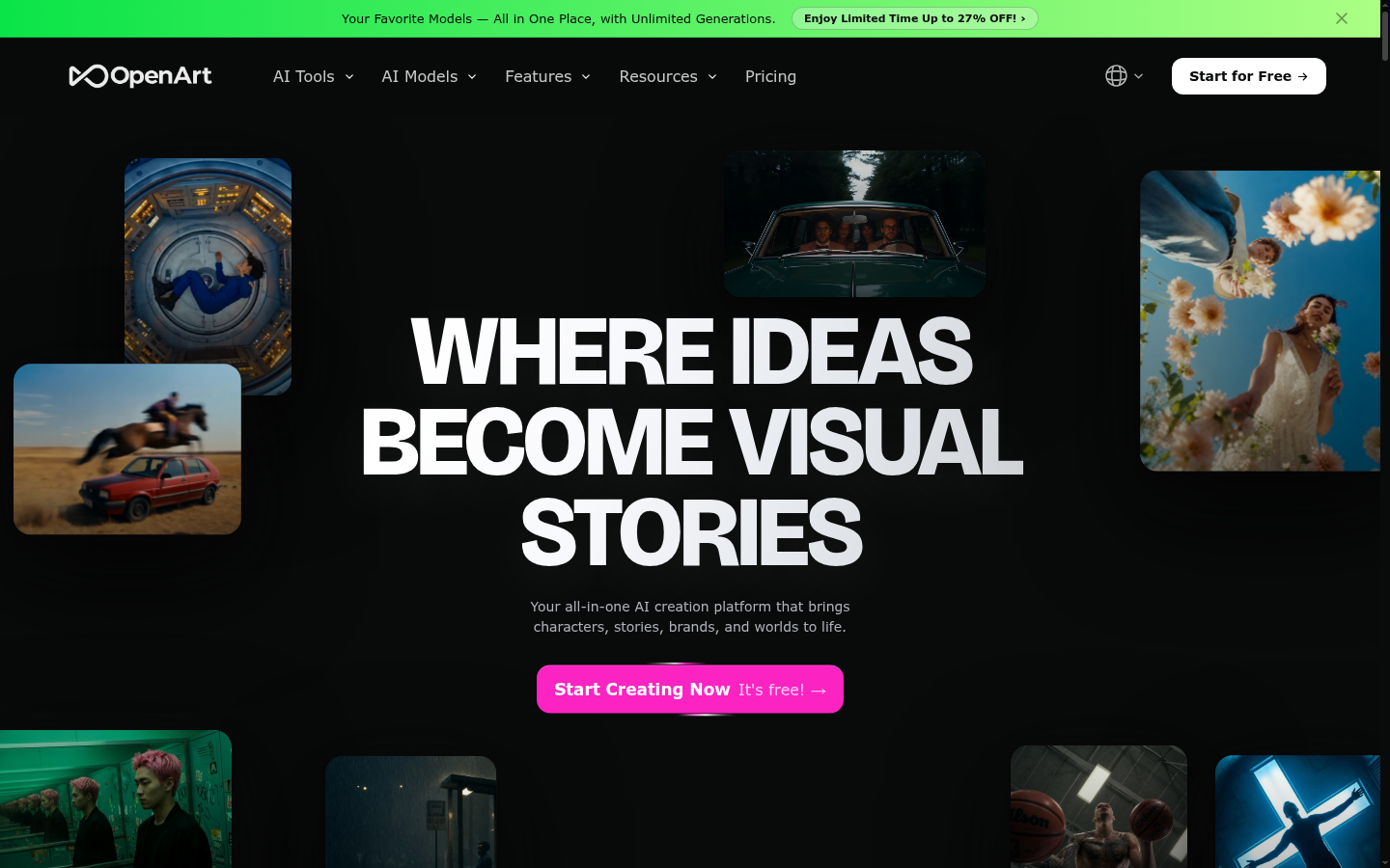 Página principal de OpenArt AI mostrando el generador de arte con IA y sus más de 100 modelos