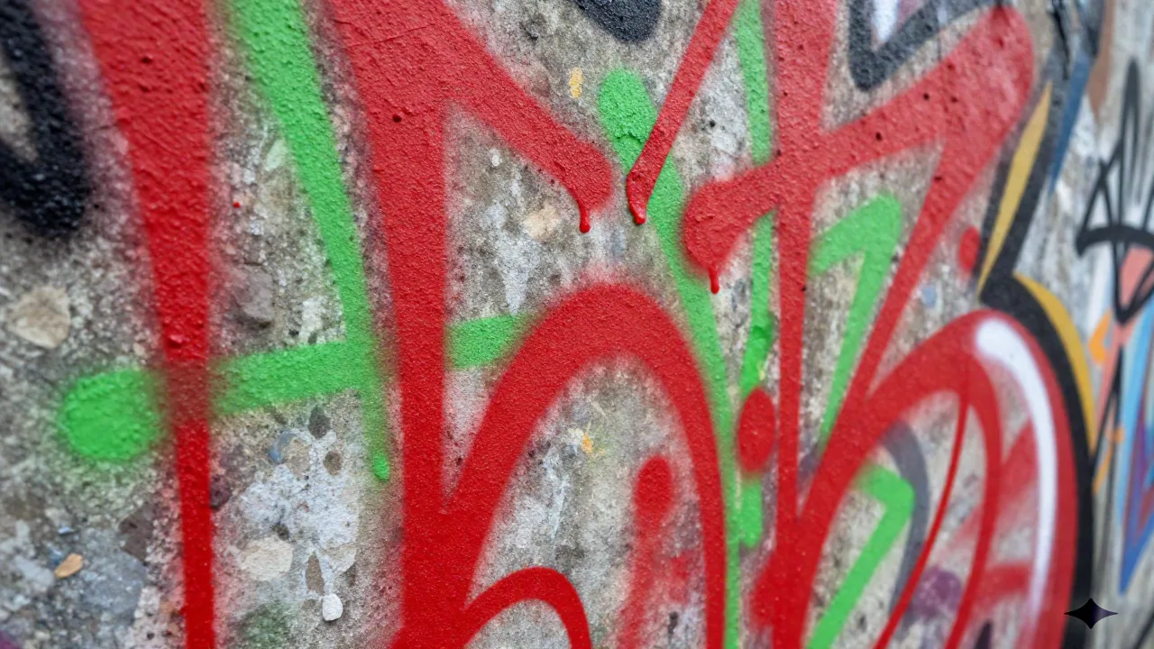 Primo piano di texture graffiti spray rossa e verde con sgocciolature su un muro di cemento, forme astratte, nessun testo leggibile