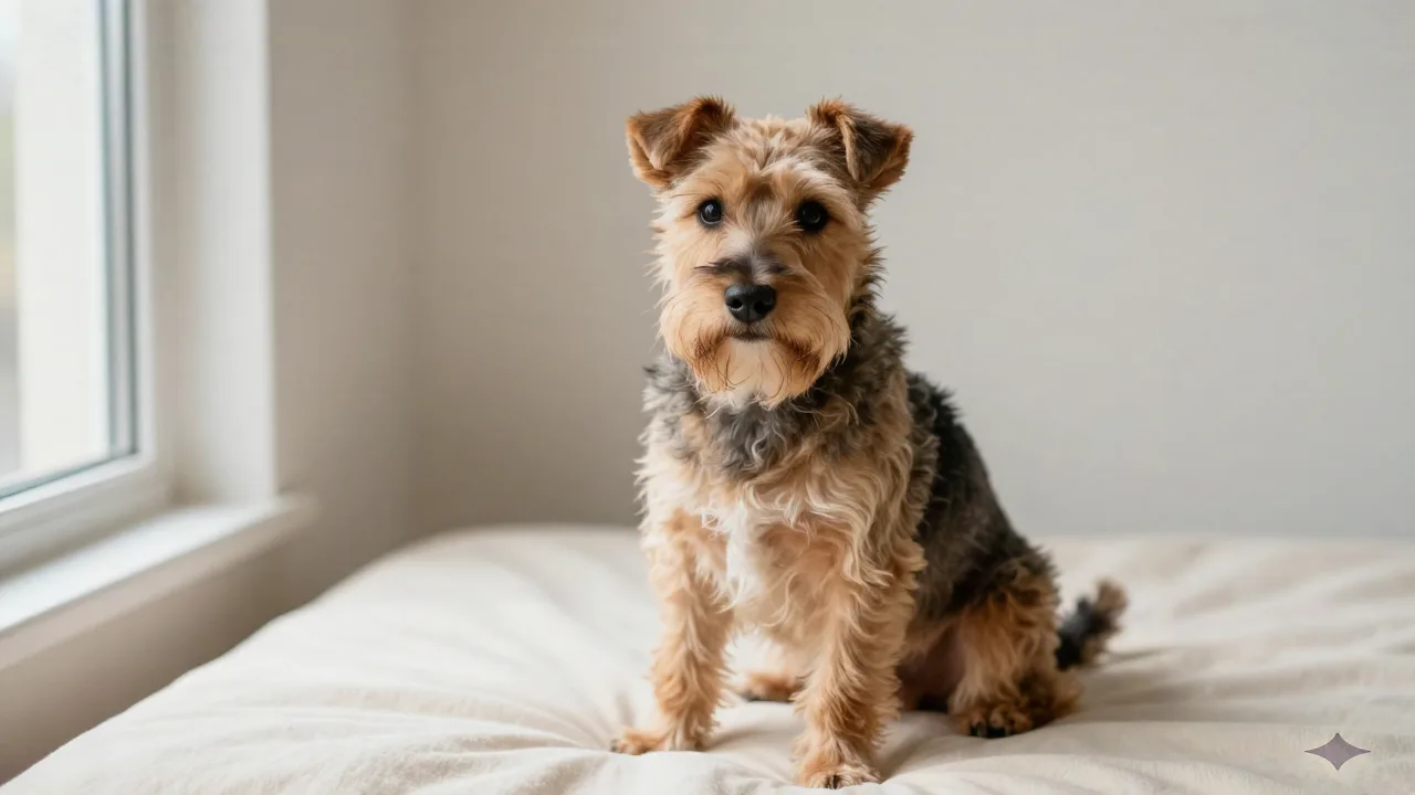 Small dog sitting in even natural window light against a plain background, an example of print-ready lighting