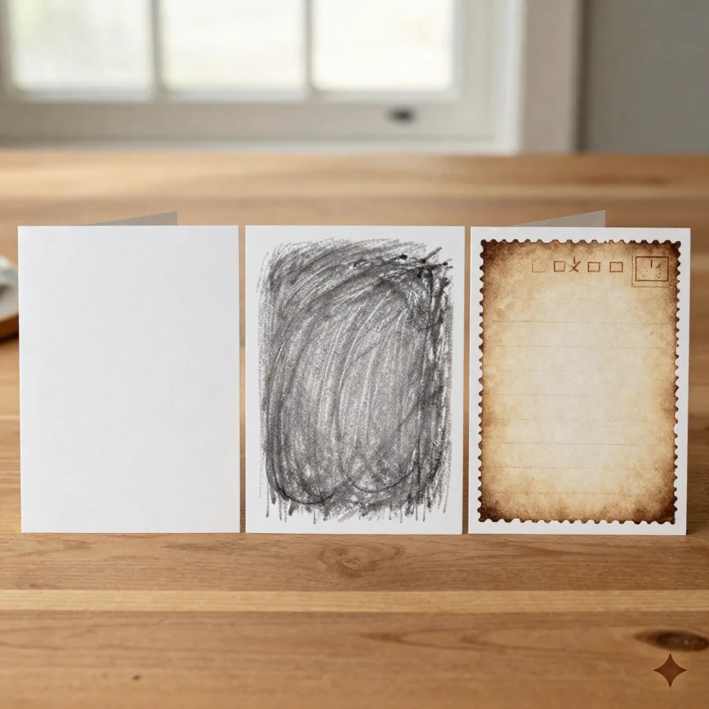 Drei beendete Karten nebeneinander in Aquarell-, Ölpastel- und Vintage-Postkartenstilen