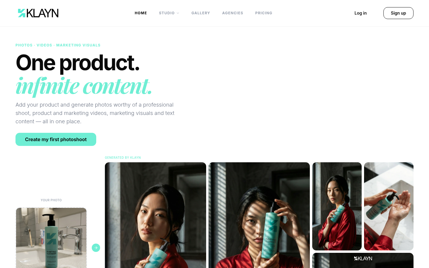 Klayns KI-Fotografie-Studio-Homepage mit Lifestyle-, Studio- und Produktfotos, generiert aus einem Produktfoto