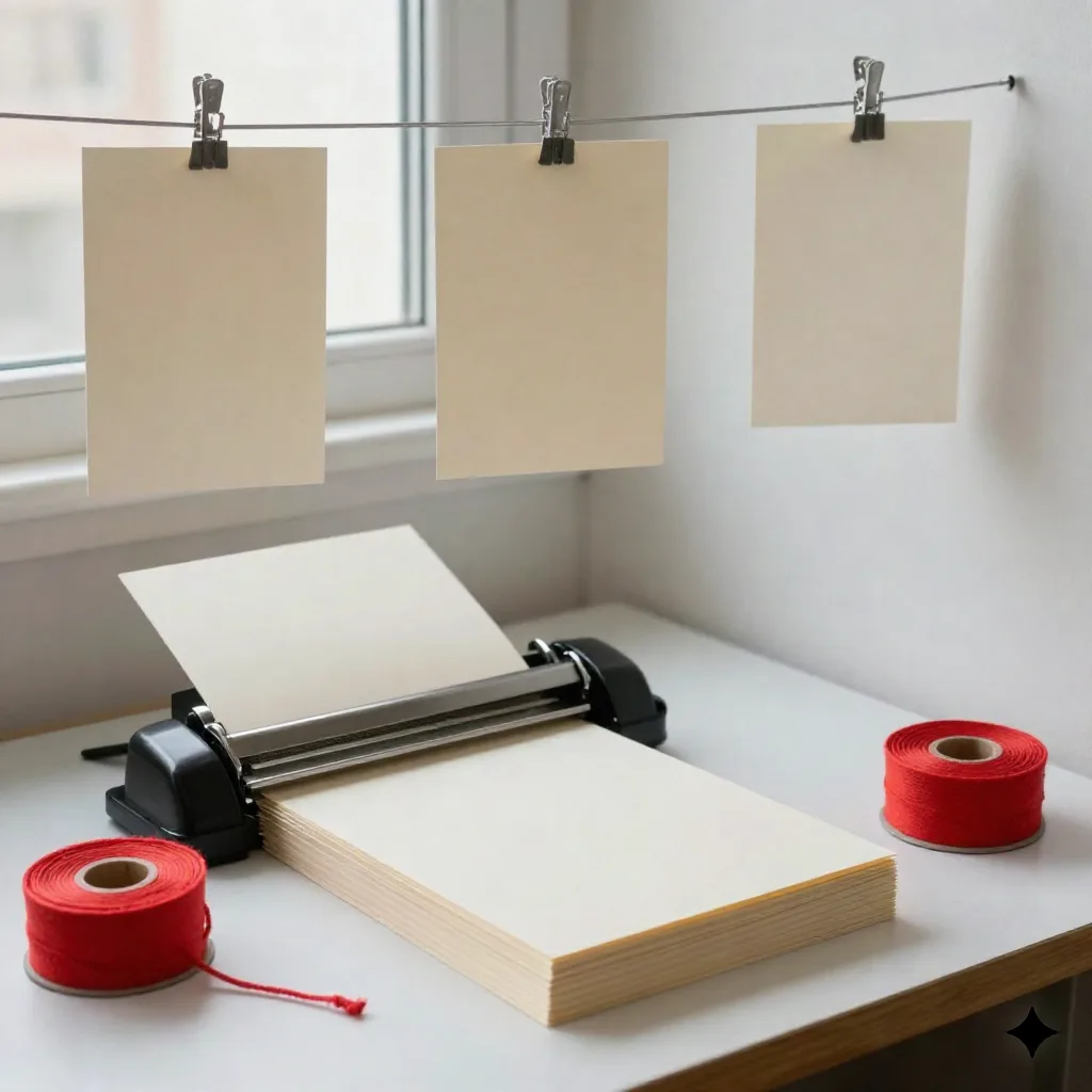 Kleine Druckproduktionsecke mit Karton, Bandspule und Trocknungskarten auf einer Linie