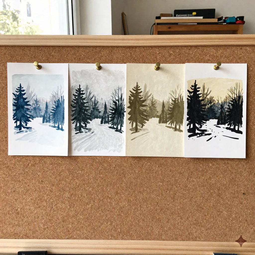 Vier bedruckte Testmuster an einer Pinnwand zeigen Wasserfarbe, Ölpastell, Vintage Postkarte und Papierschnitt nebeneinander
