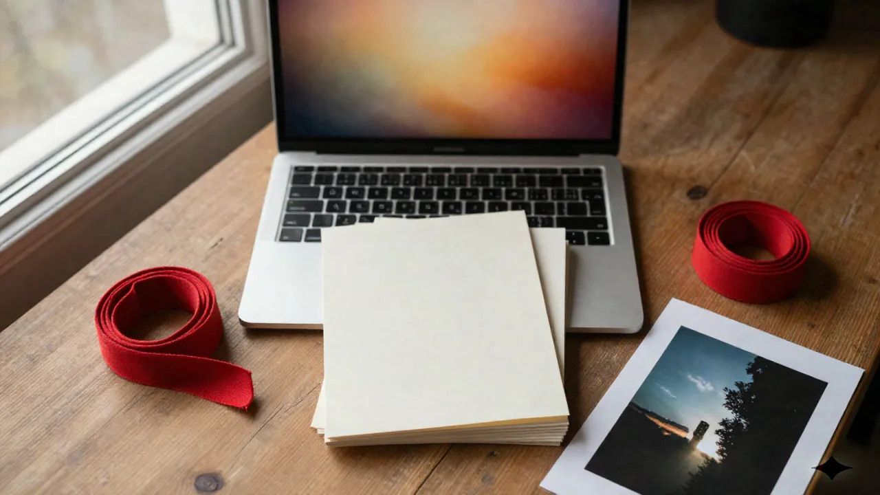 Laptop mit weichem KI-Bildgenerator-Leuchterschein neben cremefarbenem Karton und rotem Baumwollband auf einem Studio-Schreibtisch