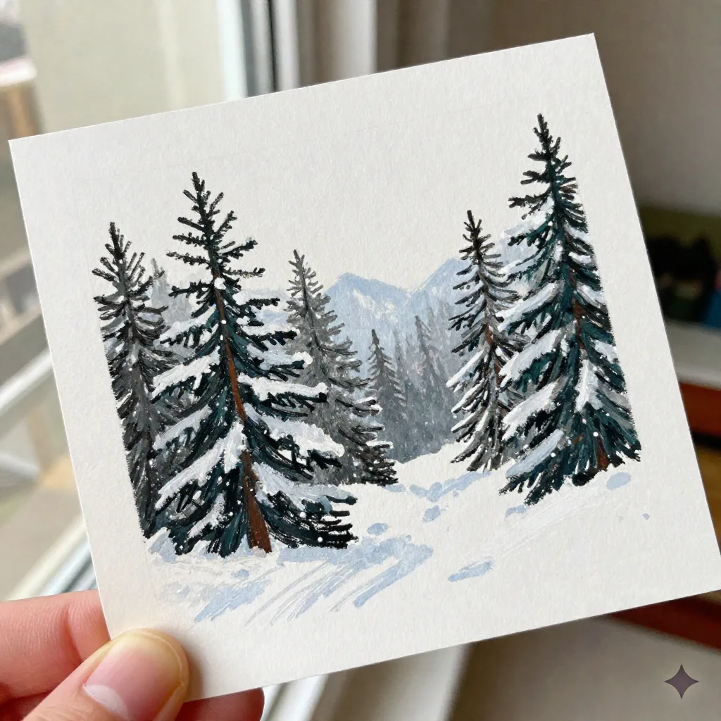 Nahaufnahme einer gedruckten Weihnachtskarte im Ölpastell-Stil mit Papierstruktur und matter Oberfläche