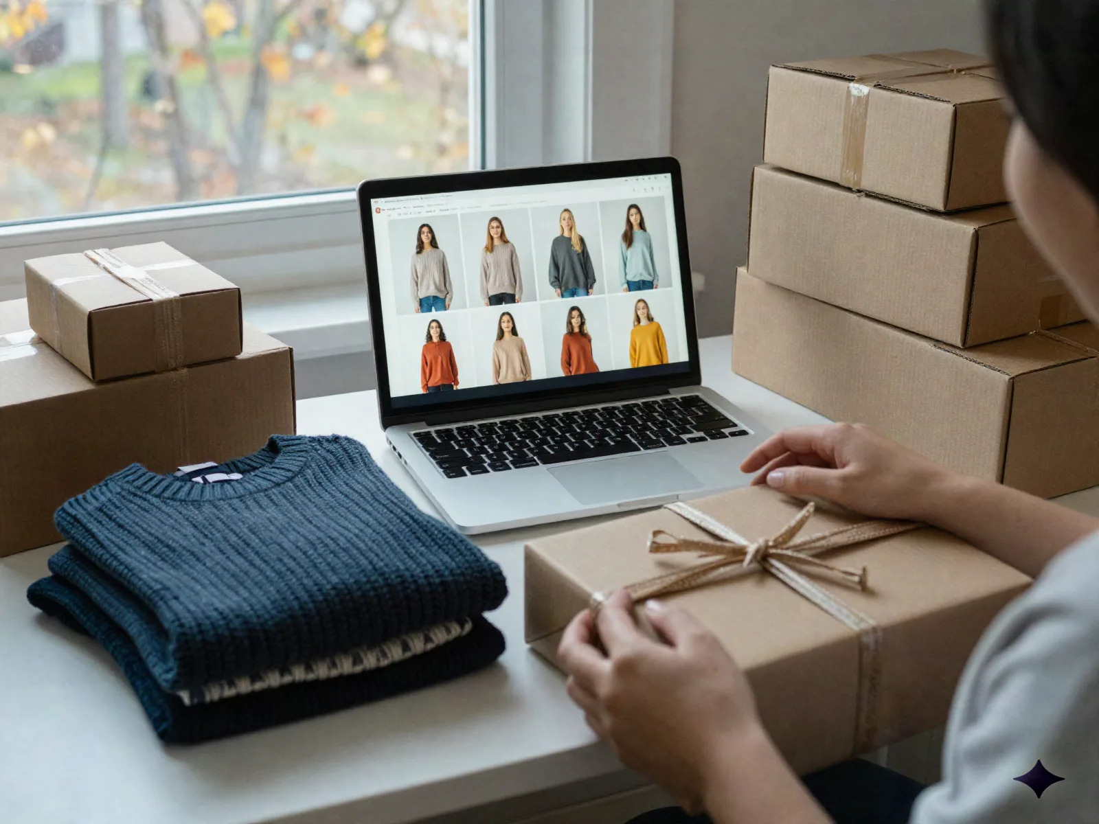 Etsy seller packing table with laptop showing a grid of AI-generated lifestyle product photos