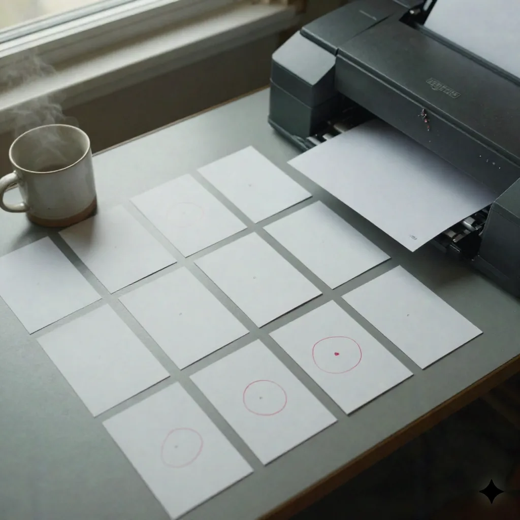 Druckproduktion-Tisch mit Test-Karten, einige mit rotem Fettlift umkreist