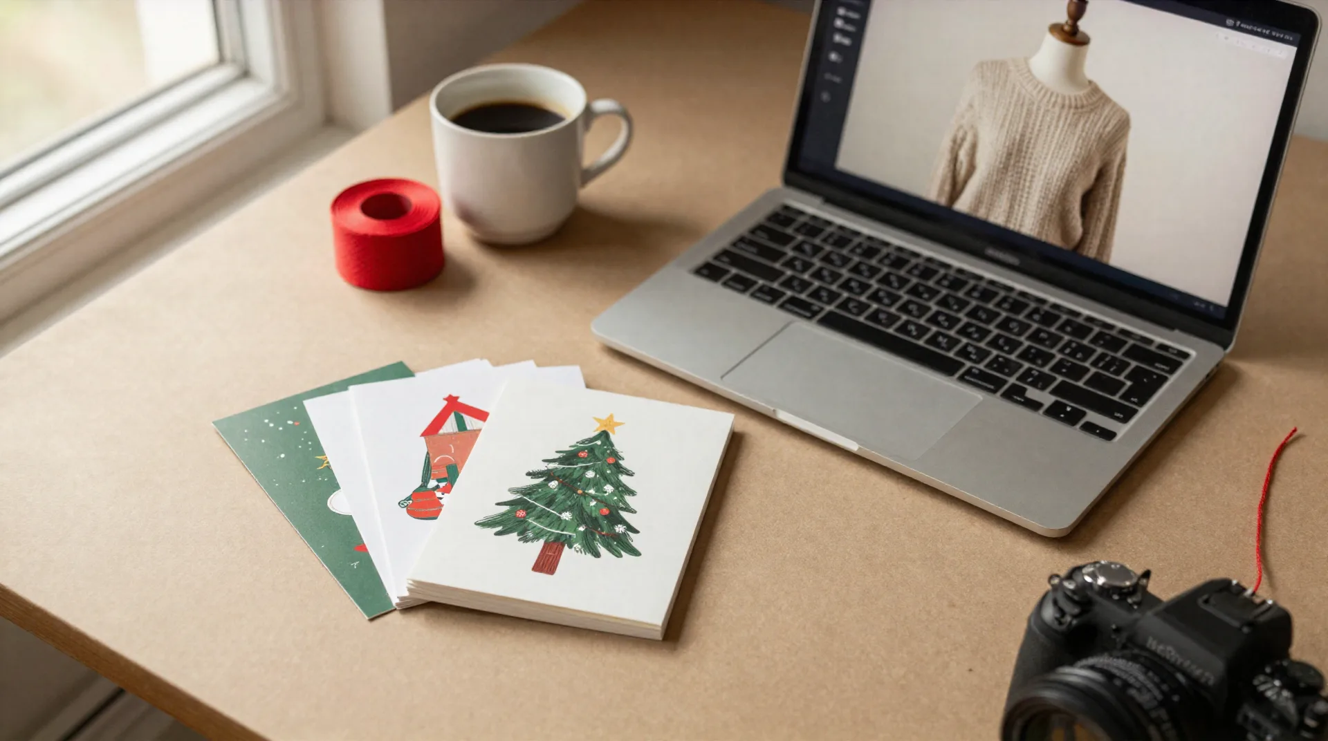 Product photography studio setup with laptop showing AI-generated apparel photos next to holiday stationery samples