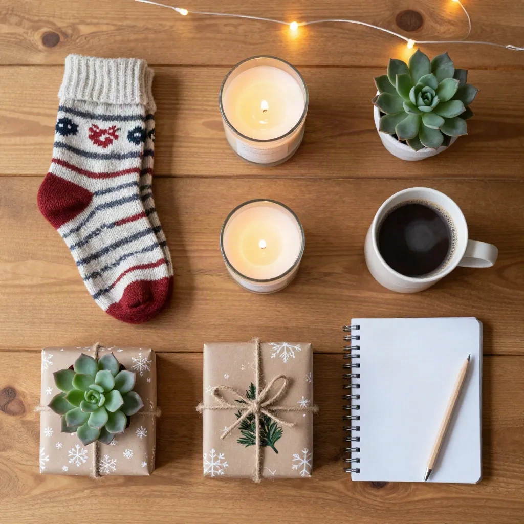Kuratierte Wichteln-Geschenke auf einem Holztisch: gemütliche Socken, Duftkerze, Kakaobecher, Sukkulente und Notizbuch