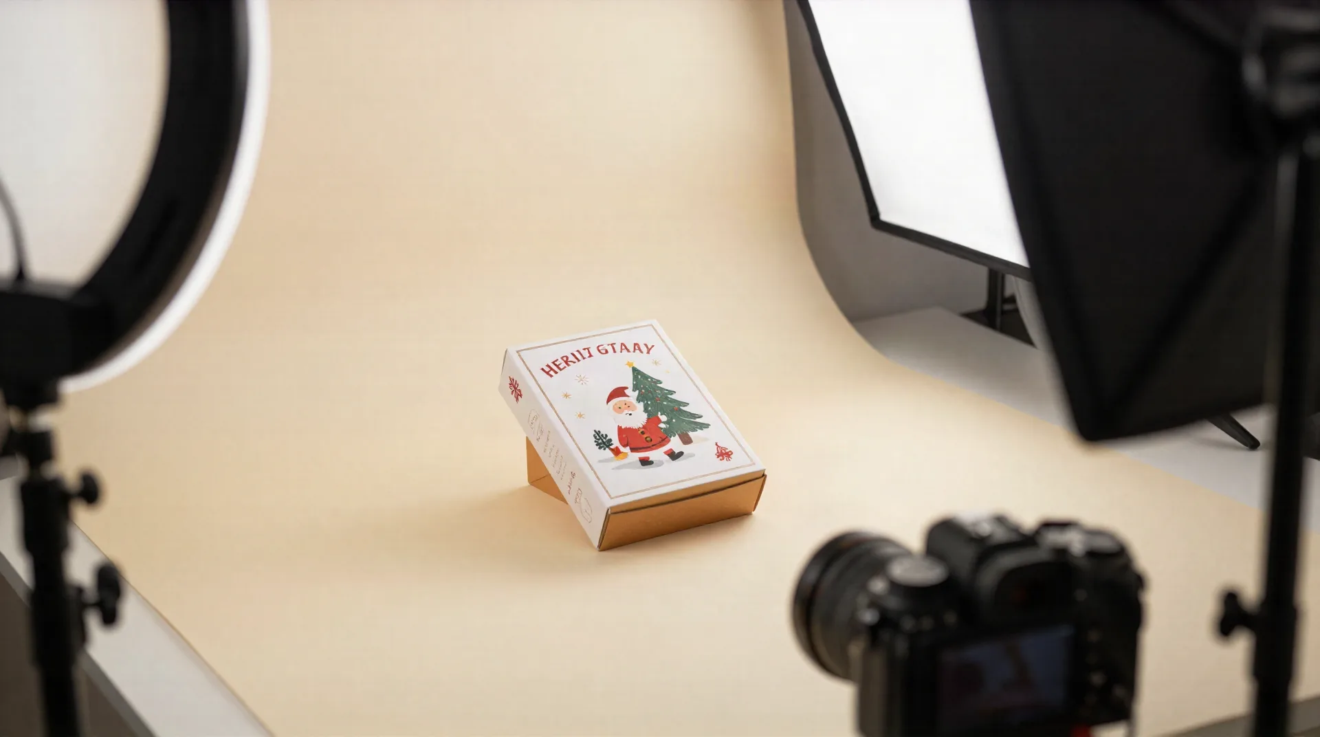 Widok z góry: studio fotografii produktowej z pudełkiem kartki bożonarodzeniowej oświetlanym do zrobienia zdjęcia