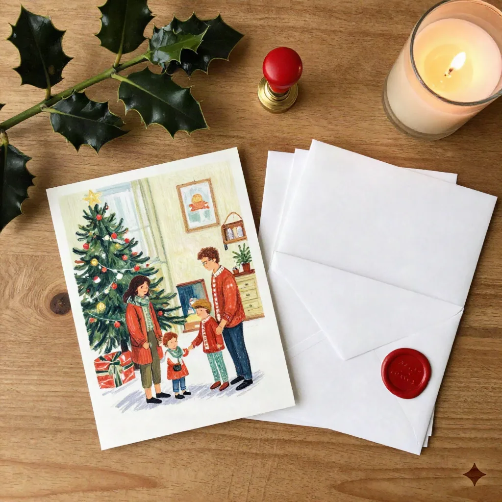 Printed illustrated Christmas cards with envelopes, wax seal and holly sprigs in a flat lay on a wooden desk