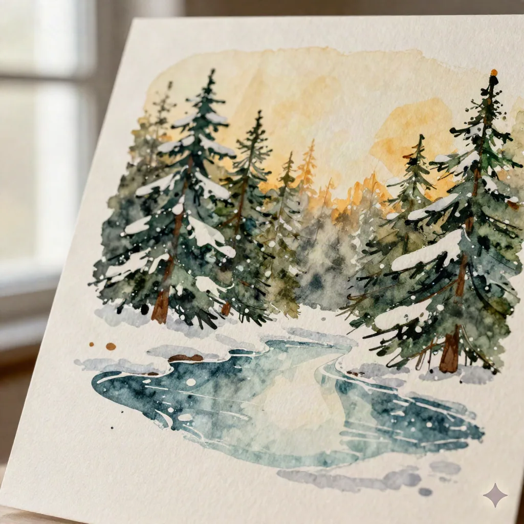 Close-up macro detail of a watercolor Christmas card showing pine trees and a frozen pond on textured cream 300gsm paper