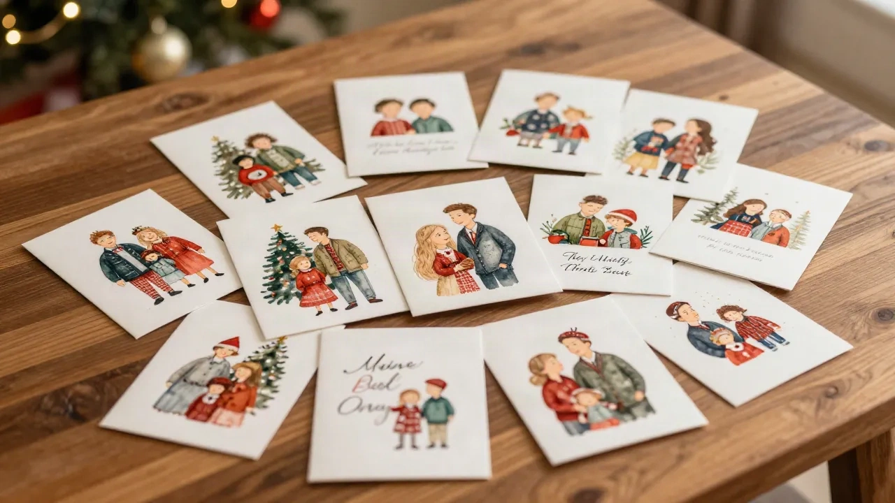 Sammlung von Weihnachtskarten Ideen auf Holztisch, Vielfalt von Aquarell- und illustrierten Vintage-Stil Karten