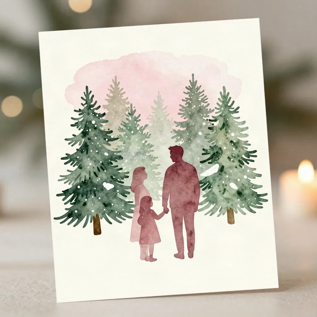 Watercolor painted Christmas card showing a family silhouette in front of a snowy pine forest in soft pastel tones