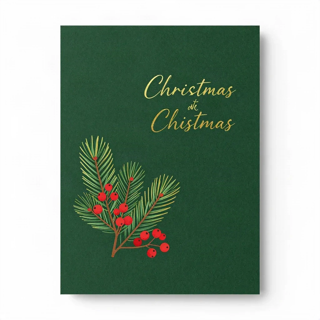 Minimalist Scandinavian botanical Christmas card with pine branch and berries on deep forest green background