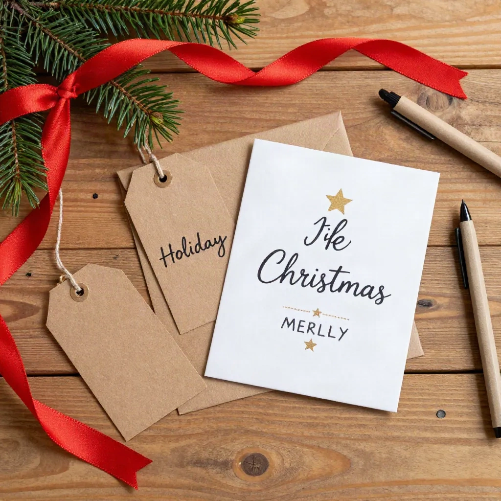 Handgeschriebene Weihnachtsanhänger und personalisierte Weihnachtskarte mit Kraftpapierumschlag, Tannenzweigen und festlichem Band