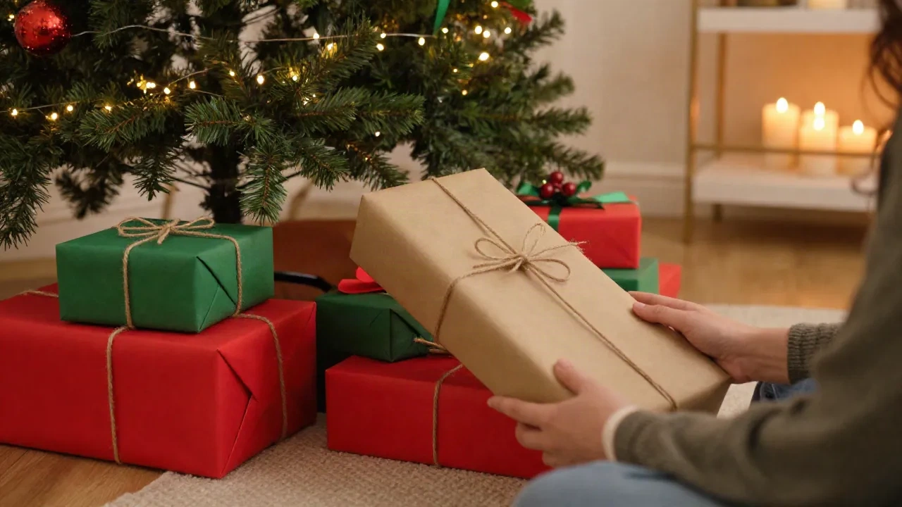 Regali per amico segreto avvolti e disposti sotto un albero di Natale, carta kraft con fiocchi di spago, salotto con candele accese
