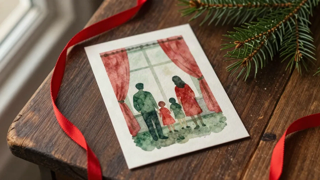 Eine gedruckte Weihnachtskarte mit einem Aquarell-Familienporträt, rotem Band und Tannenzweig auf einem Holztisch