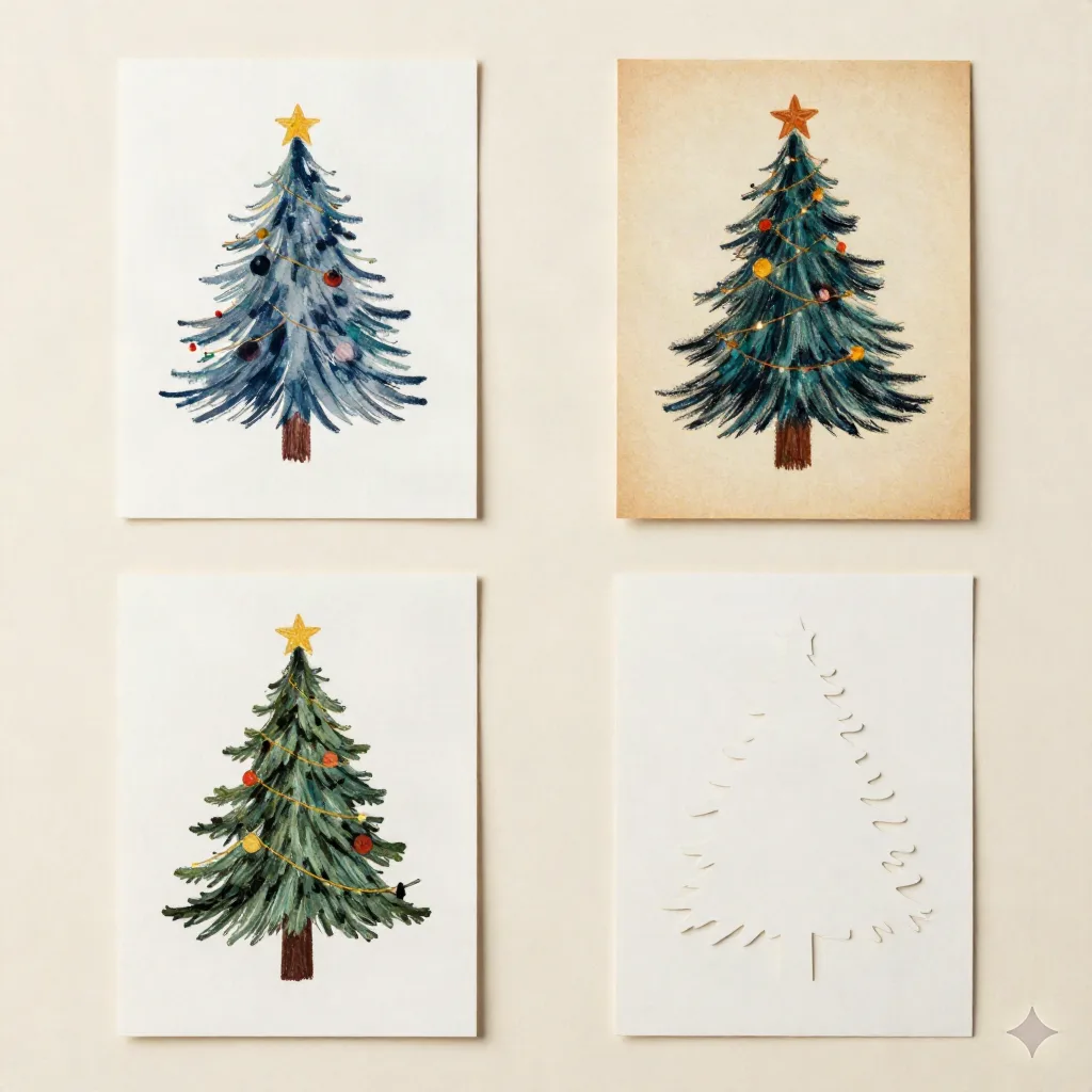 Four Christmas card illustration styles: watercolor, oil pastel, vintage postcard, and paper-cut arranged in a flat lay