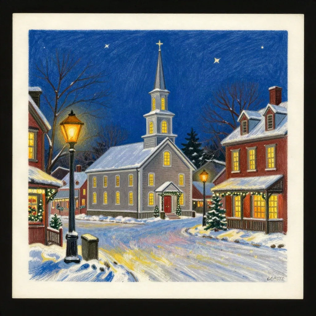 Vintage 1950s style oil pastel Christmas card design with a snowy New England village scene under cobalt blue night sky