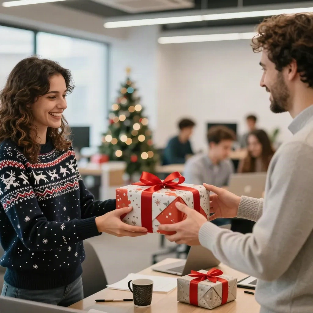 Bürokollegen tauschen Wichteln-Geschenke auf einer Weihnachtsfeier aus, festliche Pullover und verpackte Geschenke