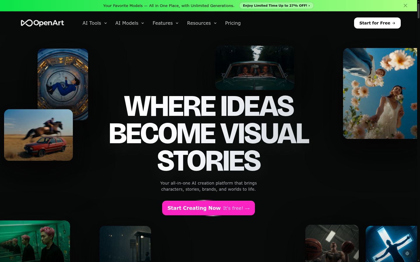 OpenArt AI Homepage-Screenshot mit All-in-One KI-Bild- und Video-Generierungs-Plattform