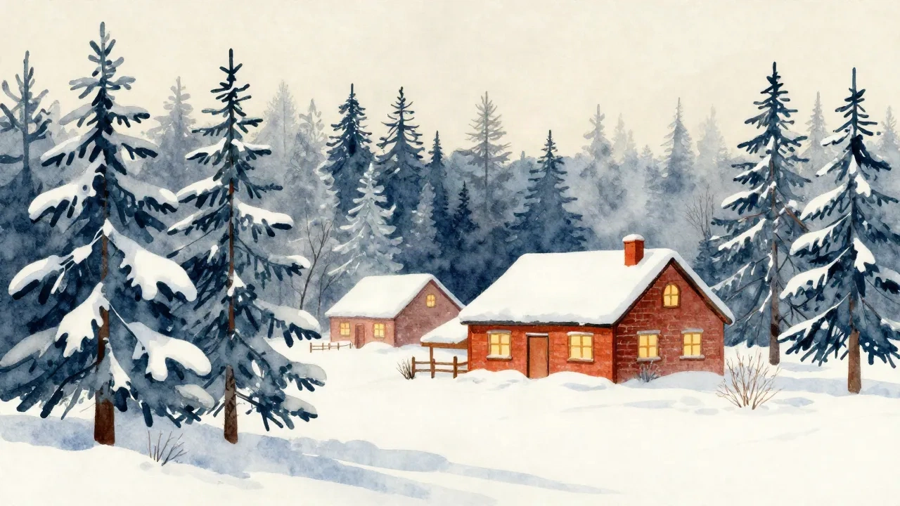 Watercolor winter landscape Christmas card art with snow-covered pine forest and farmhouse