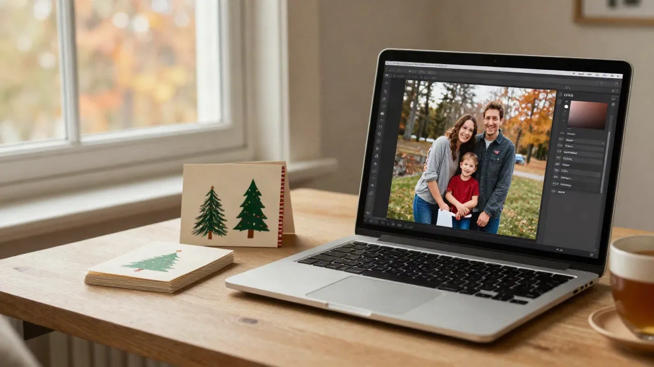 Laptop che mostra una foto di famiglia ritagliata accanto a cartoline di Natale colorate stampate su una scrivania di legno