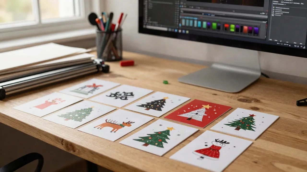 Studio di designer di stampa a Portland con cartoline natalizie disposte su un tavolo da lavoro e interfaccia di design su monitor