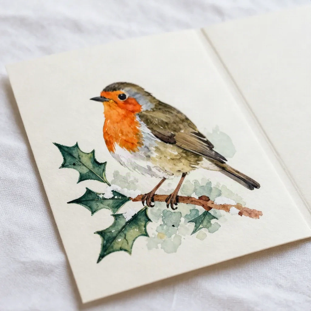Aquarell-Weihnachtskarte mit einem Rotkehlchen auf Stechpalmen-Zweig, lockere Pinselführung auf naturweißem 300er Karton