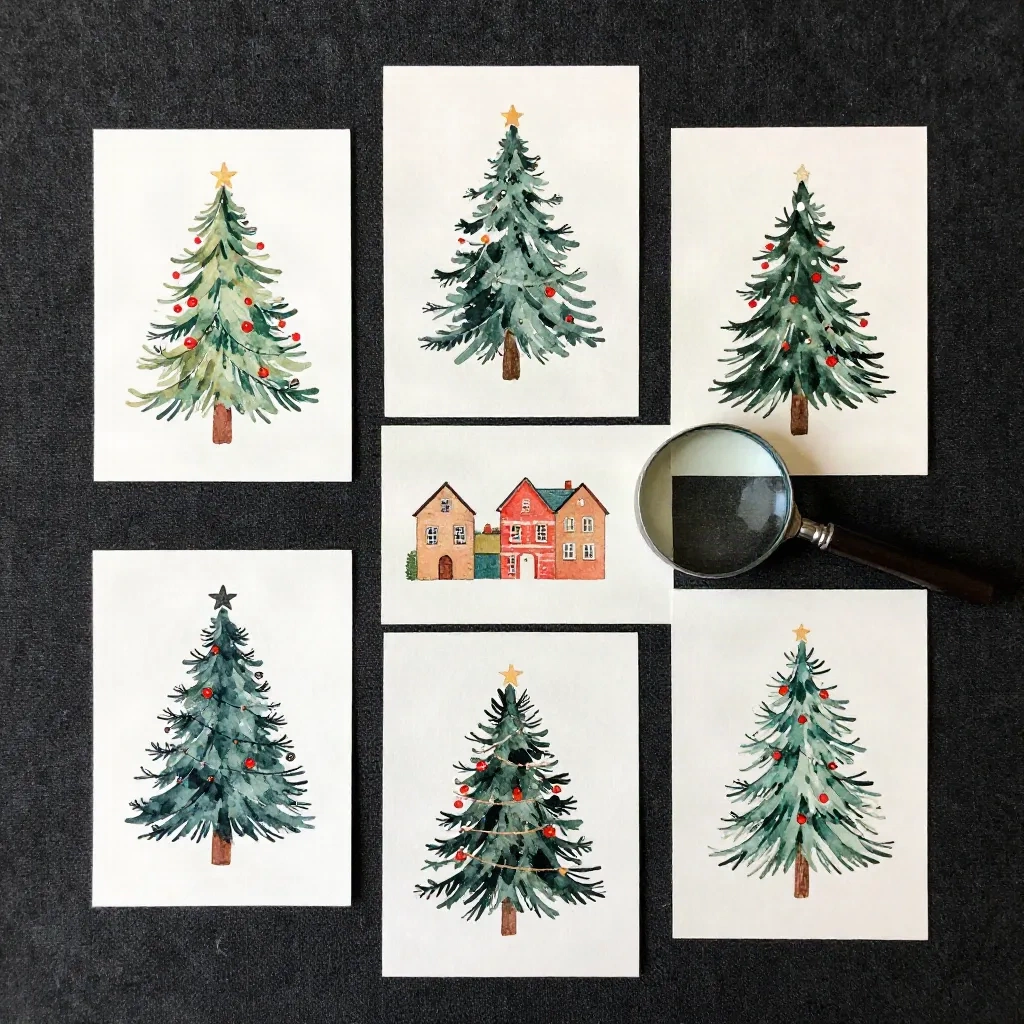 Composizione piatta di sei cartoline natalizie illustrate in acquerello e stile cartolina vintage su lino scuro, con una piccola lente d'ingrandimento accanto a una carta