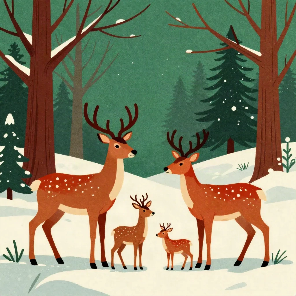 Mid-century style vintage Christmas card illustration with deer in a snowy forest in deep green and red palette