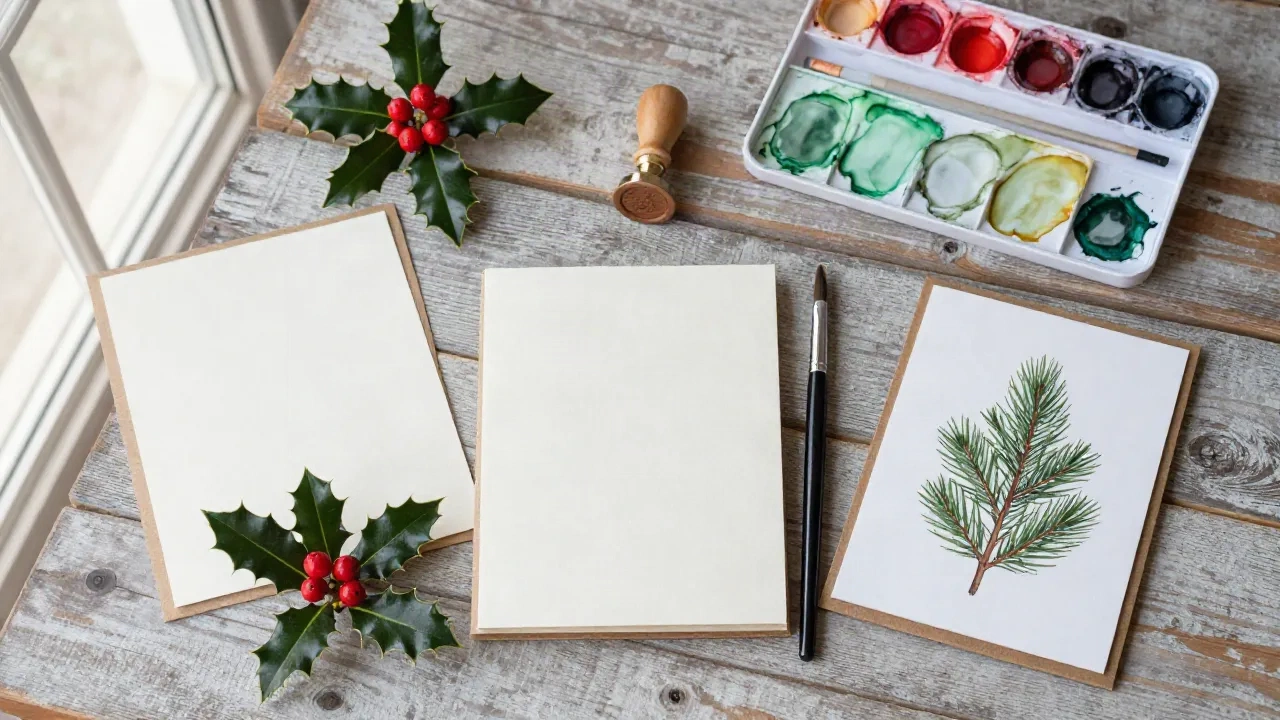 Bastelmaterialien für Weihnachtskarten – Aquarellfarben, Stempel, naturweißer Deckkarton und Stechpalmen-Zweige auf einer Pinie