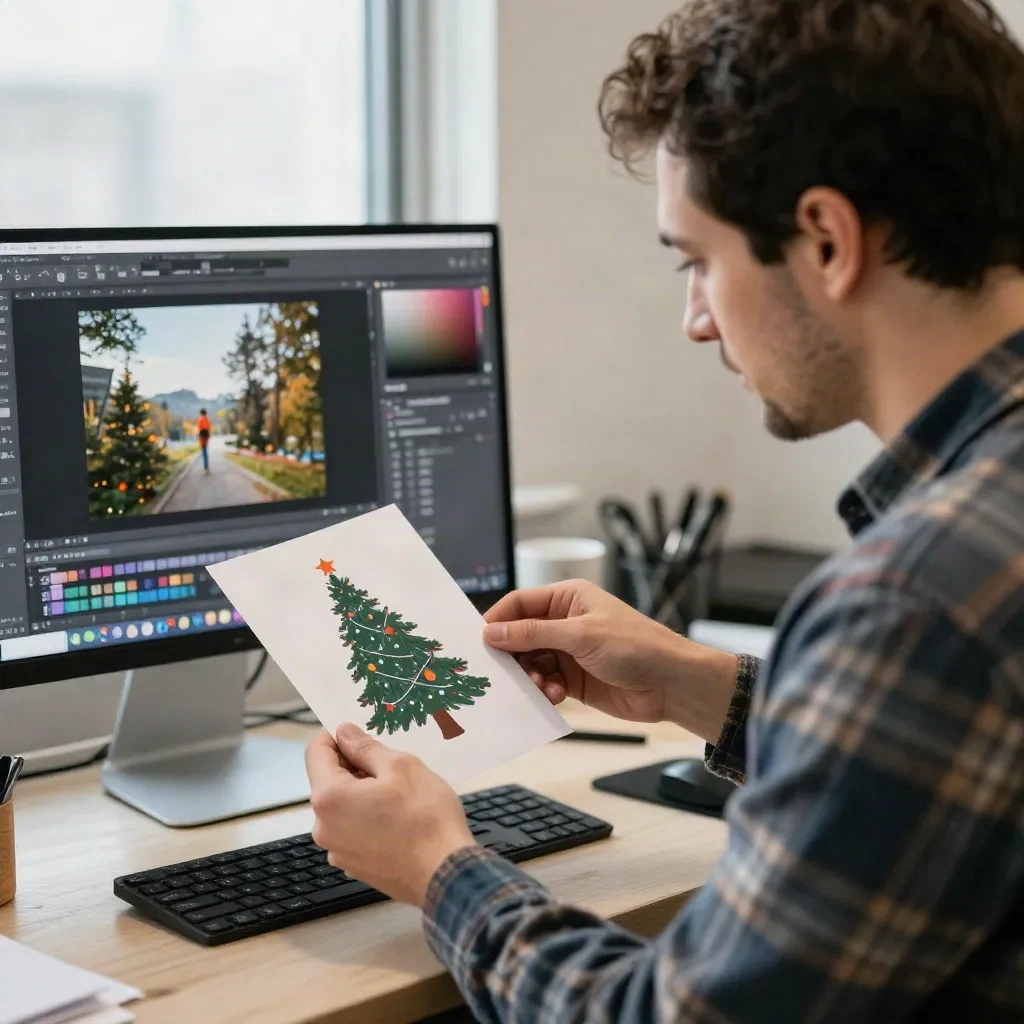 Designer che confronta una cartolina natalizia stampata accanto a un monitor che mostra un'interfaccia di editing fotografico in uno studio di Portland