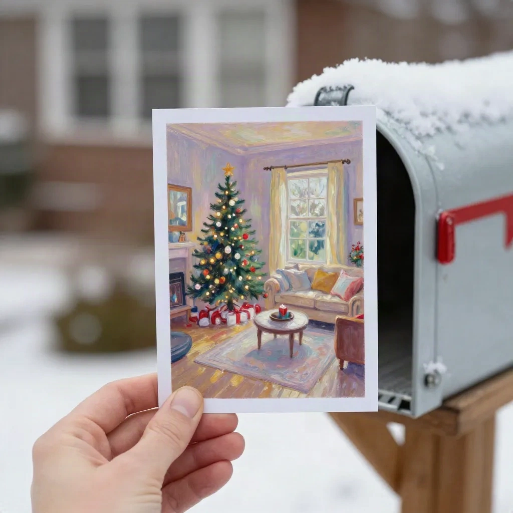 다양한 색의 pastel oil Christmas card가 손에 들려있고, living room with tree가 그려져 있음