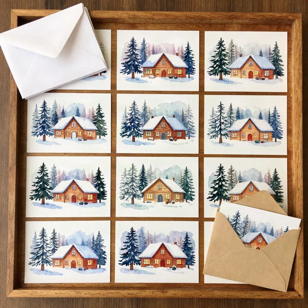 Satz identischer bedruckter Weihnachtskarten in einem Raster-Layout, Aquarell-illustrierte Winterhütte auf naturweißem Deckkarton