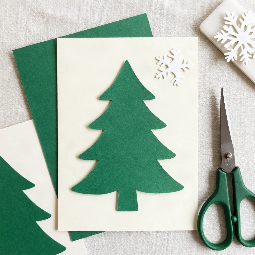 green and cream 색의 컷페이퍼 holiday cards with fir tree and snowflakes