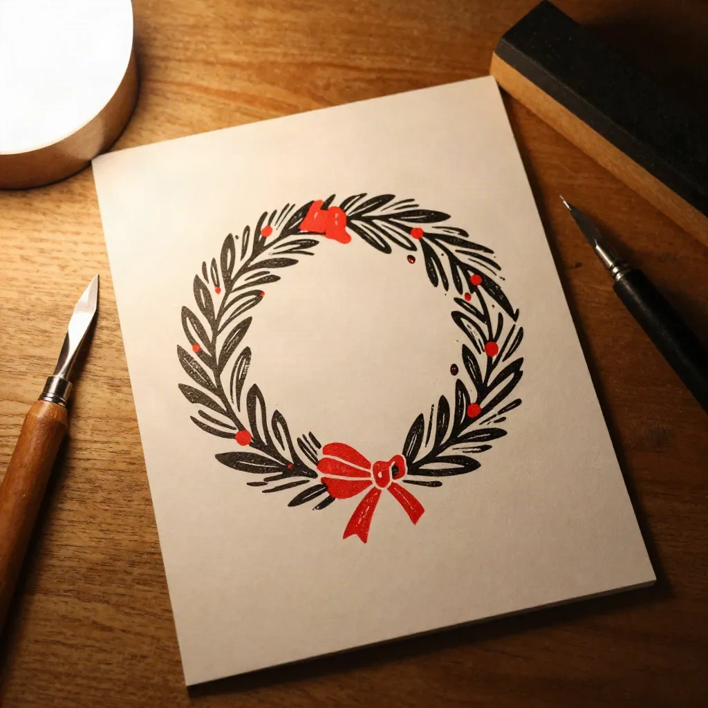 black and red wreath와 carving tools 옆의 linocut style Christmas card