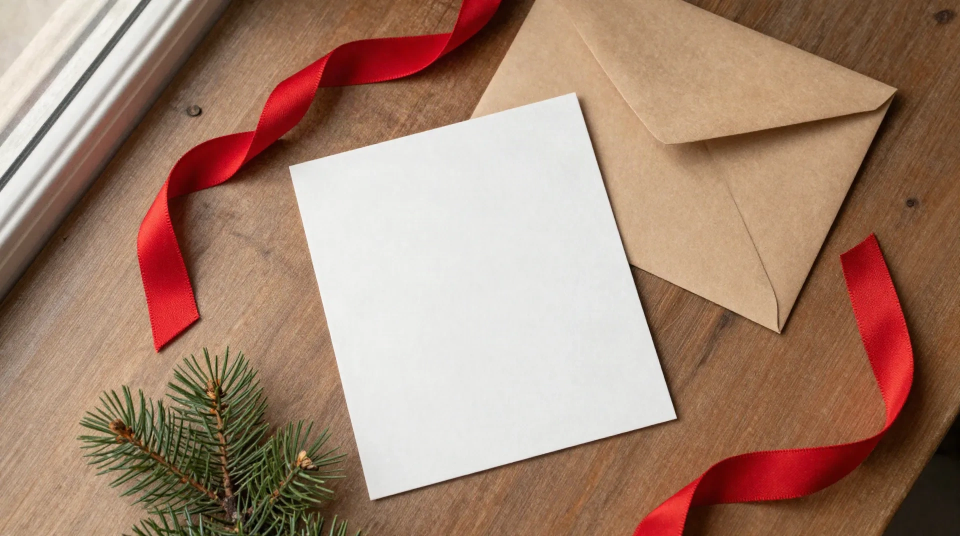 Eine leere personalisierte Weihnachtskarte und Kraftpapierumschlag, gebunden mit roten Bändern auf einem Holzschreibtisch, bereit zum Drucken