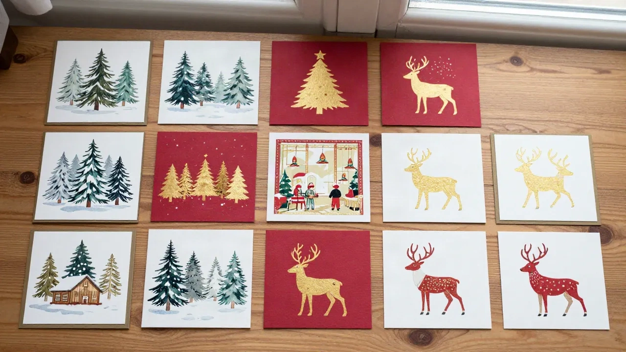 Vintage-Illustration einer Weihnachtskarte mit verschneitem Dorf und Sternenhimmel in Nachtblau und Gold