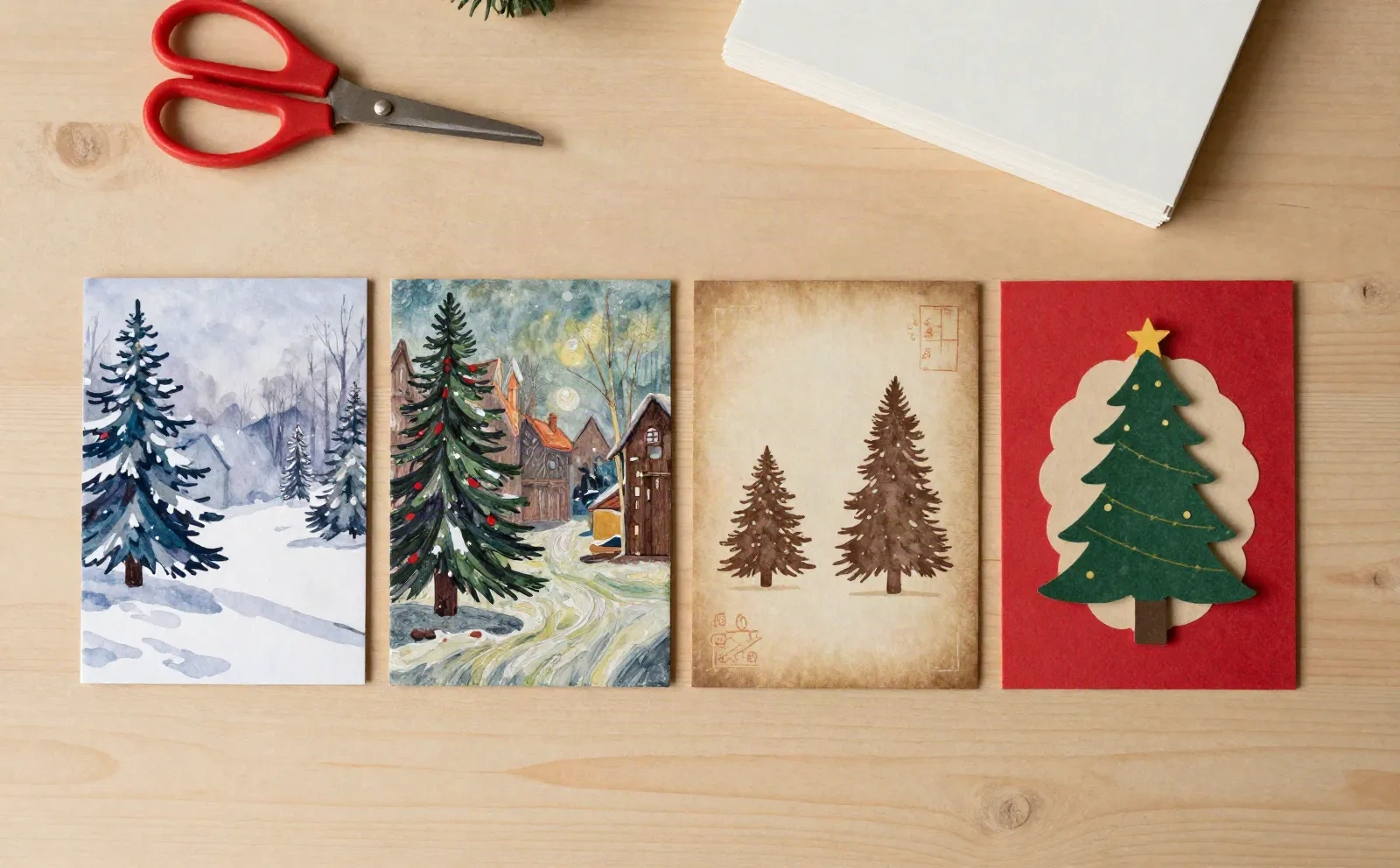 Vier personalisierte Weihnachtskarten in verschiedenen gemalten Stilen: Aquarell, Nachtdorf-Szene, Vintage-Postkarten-Sepia und Papierschnitt-Baum auf einem Holztisch