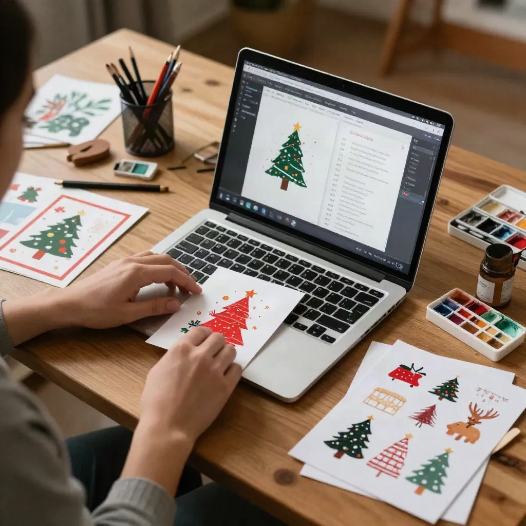 Designer working at a wooden desk with a laptop surrounded by printed Christmas card samples and watercolor supplies